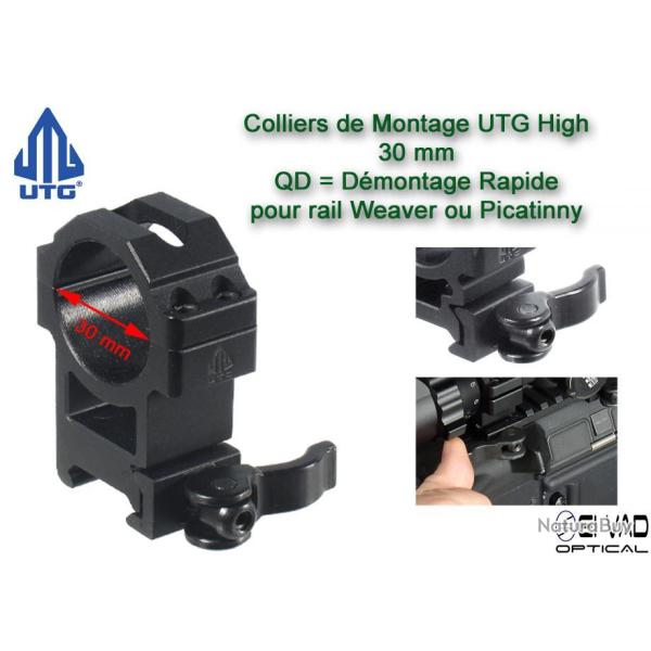 Colliers de montage UTG High QD pour lunette - 30 mm pour rail Weaver (21  mm)
