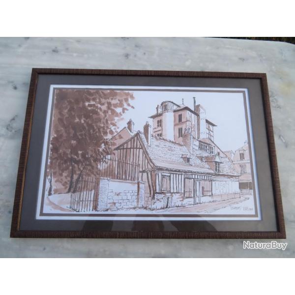 Dco - Lavis d'encre encadr sous verre, reprsentant une "Vue d'Elbeuf", Lucien Vian (Dat 2009)