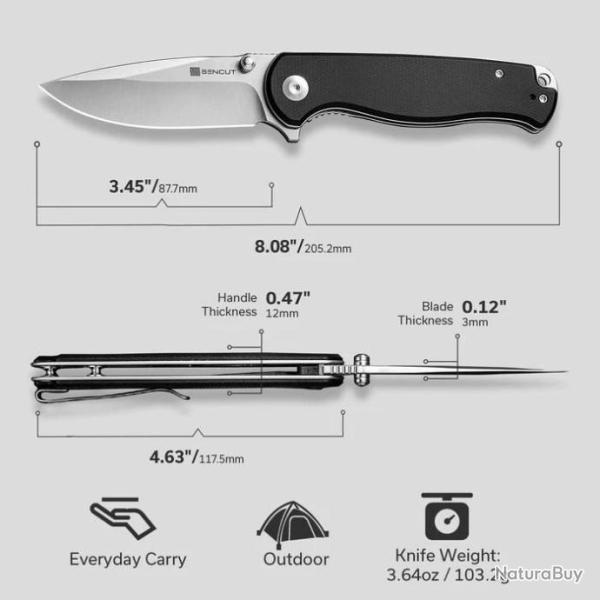 Couteau Sencut Errant Black Manche Micarta Lame Acier 9Cr18MoV Satin IKBS Linerlock Clip S23054B3