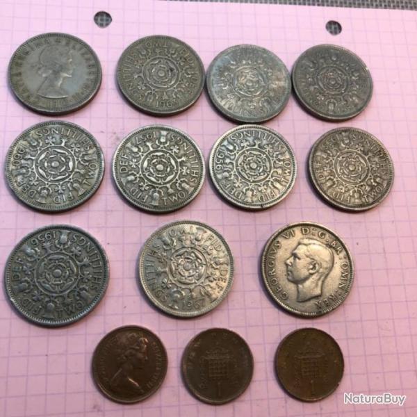 ANGLETERRE - Lot de 11 pi�ces de 2 Shillings et 3 pi�ces de 1 New Penny, diff�rentes ann�es