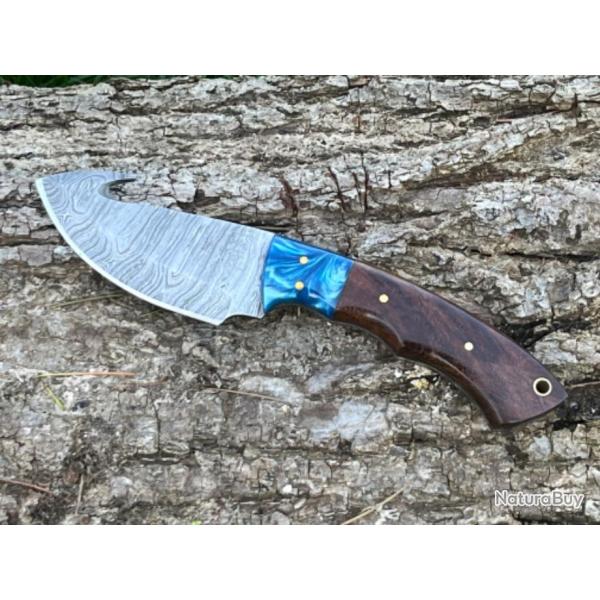 Couteau � d�pecer/bushcraft avec crochet damas forg� LLF 21cm bleu