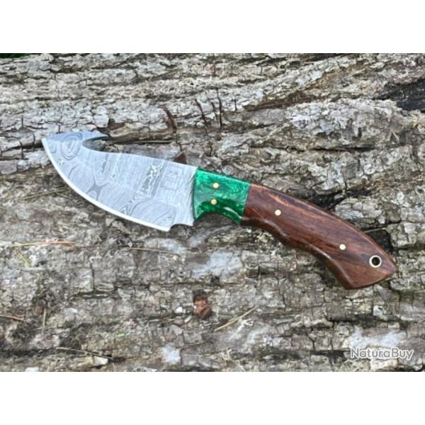 Couteau � d�pecer/bushcraft avec crochet damas forg� LLF 21cm jade