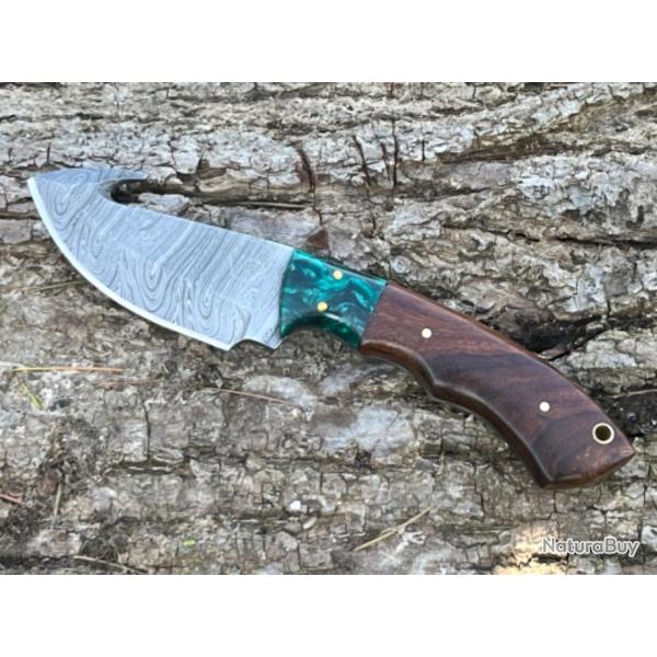 Couteau � d�pecer/bushcraft avec crochet damas forg� LLF 21cm vert