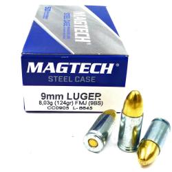 Cartouches MAGTECH 9mm 124grs FMJ &eacute;tui ACIER - Boite de 50 unit&eacute;s