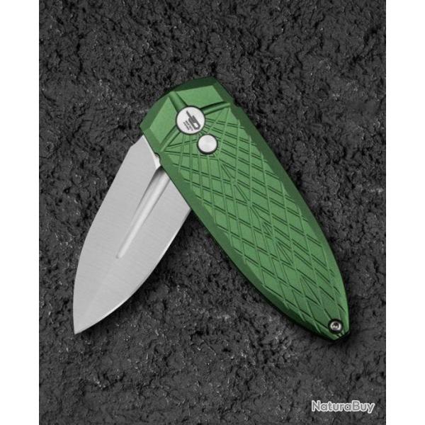 Couteau Bestech Ququ Green Lame Acier 14C28N Satin Manche Aluminium Button Lock IKBS Clip BTKG57B2