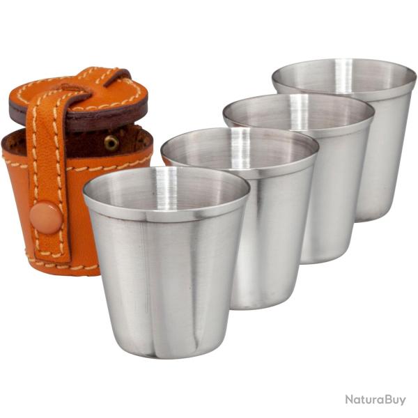 Set de gobelets � eau de vie en acier inoxydable dans un �tui en cuir, 4 pi�ces (Couleur: marron)