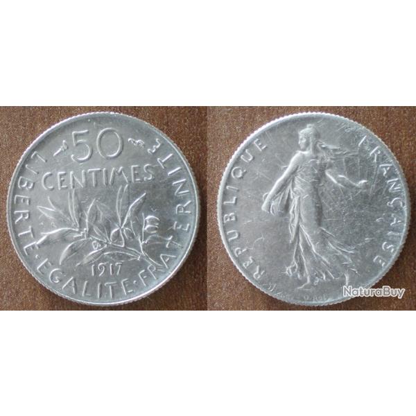 France 50 Centimes 1917 Piece Argent Semeuse Centime de Franc