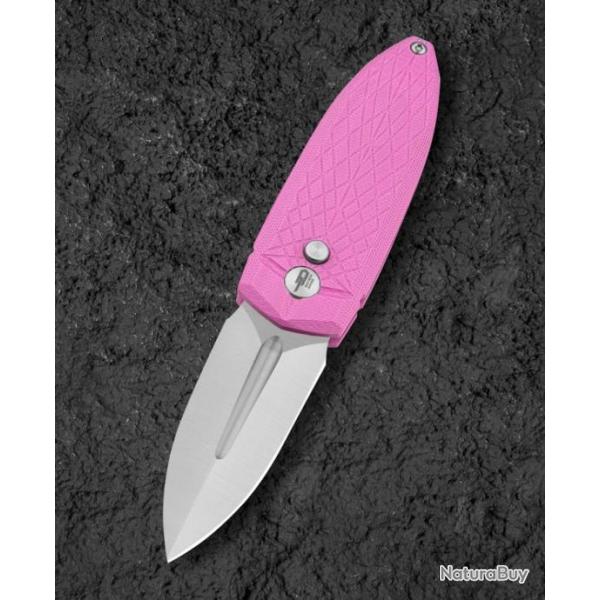 Couteau Bestech Ququ Pink Lame Acier 14C28N Satin Manche G10 Button Lock IKBS Clip BTKG57A2