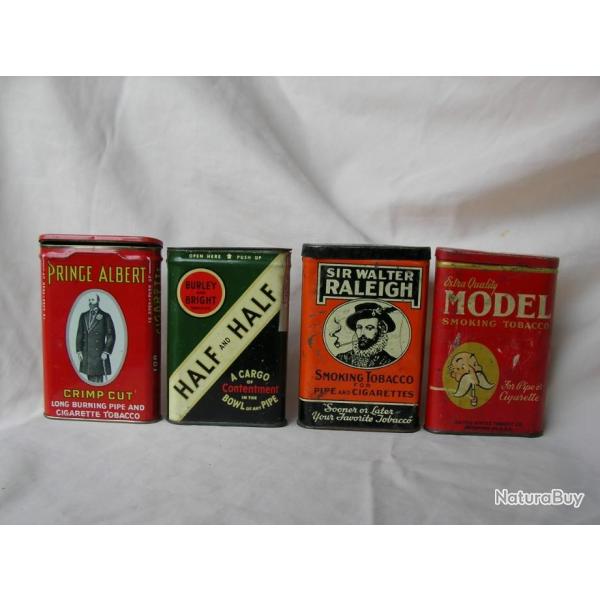 WW2 US LOT DE 4  BOITES DE TABAC VIDE EN MTAL AMRICAINES " MODEL HALF AND HALF RALEIGH P. ALBERT "