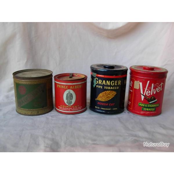 WW2 US LOT DE 4 GROSSES BOITES DE TABAC RONDES VIDE  MTAL AMRICAINES  VELVET GRANGER HALF P ALBERT