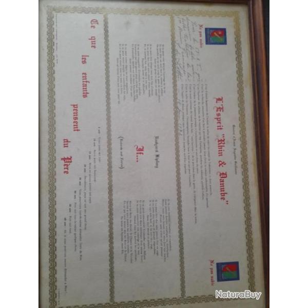 Parchemin encadre,55/37 cm.ESPRIT RHIN ET DANUBE.DEDICACE GENERAL DE LATTRE 18 JUIN 1972.