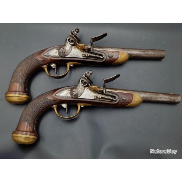PAIRE DE PISTOLETS A SILEX DE LA MARINE MARCHANDE MODELE 1816 FABRICATION PRECOSE - FRANCE RESTAURAT