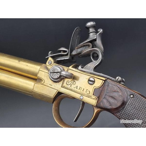 PISTOLET A SILEX DOUBLE CANONS SELECTIF par AUTE � PARIS vers 1820 - France XIX� France Tr�s bon XIX