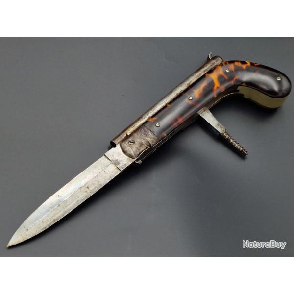 COUTEAU PISTOLET A PERCUSSION CALIBRE 8mm LAME NOGENTAISE LANGRES vers 1850 - FRANCE XIX� France Tr�