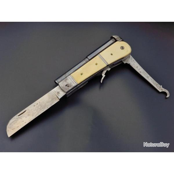 COUTEAU PISTOLET A PERCUSSION CALIBRE 8mm LAME NOGENTAISE LANGRES vers 1850 - FRANCE BELGIQUE XIX� F