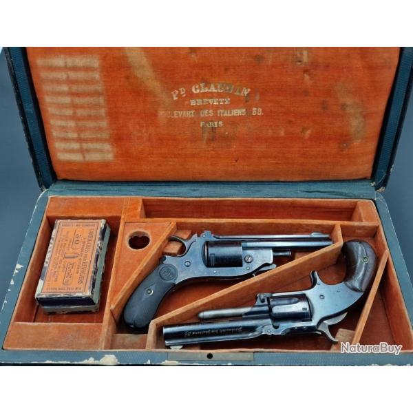 COFFRET DEUX REVOLVERS CLAUDIN A PARIS 38 BLD DES ITALIENS CALIBRE 32RF RIMFIRE S&W - FRANCE XIX� Fr
