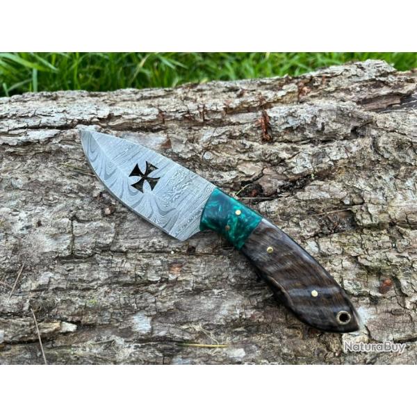 Couteau TEMPLIER damas forg� LLF corne de b�lier 20cm vert