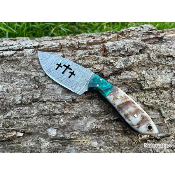 Couteau GOLGOTHA damas forg LLF corne de blier 20cm vert