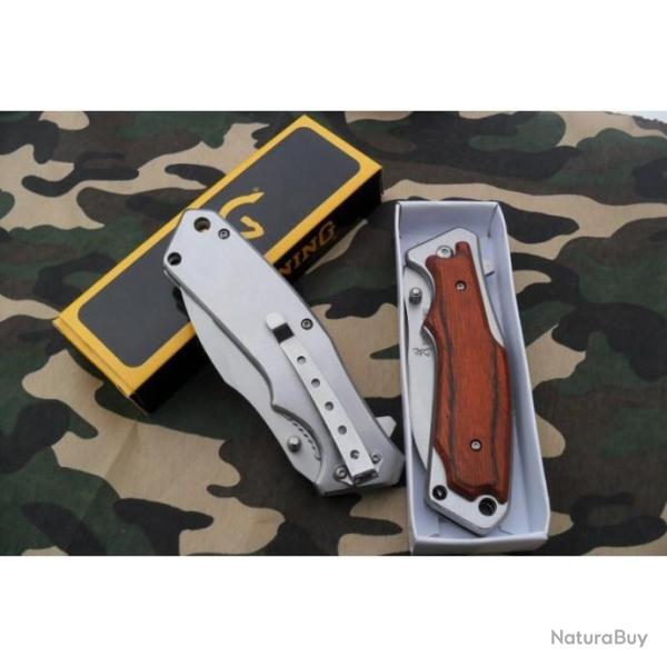 Couteau Pliant Massif Lame Acier 9 cm Manche Bois 12 cm Outdoor