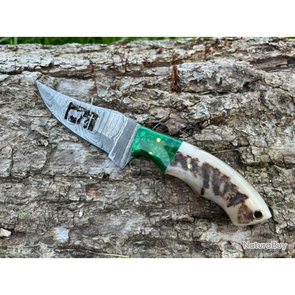 Couteau du PELERIN damas forg� LLF corne de b�lier 20cm vert