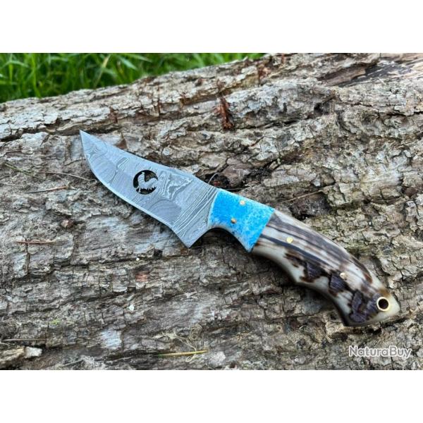 Couteau COQ FRANCAIS damas forg� LLF corne de b�lier 20cm bleu ciel