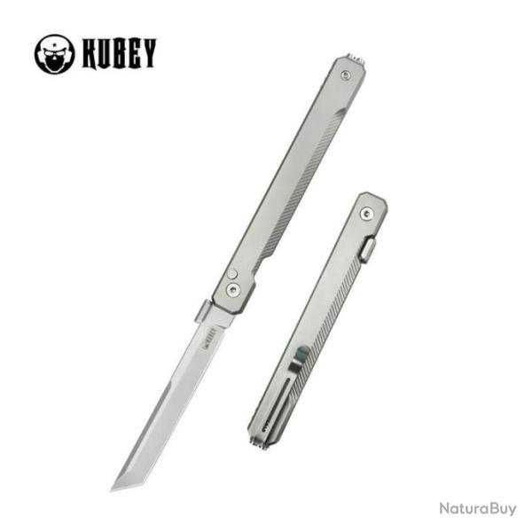 Couteau Kubey Prism Titane Gray Manche 6AL4V Lame Tanto Acier 14C28N IKBS Button Lock Clip KUB243A