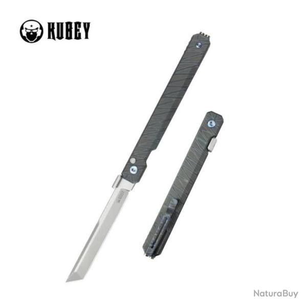 Couteau Kubey Prism Titane Flame Manche 6AL4V Lame Tanto Acier 14C28N IKBS Button Lock Clip KUB243C