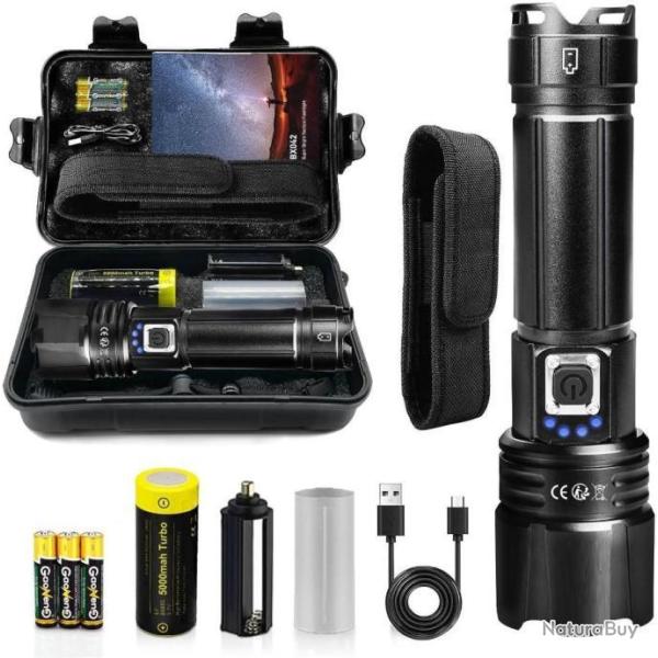 Lampe Torche LED 30000 Lumens Puissante Tactique Rechargeable Type C Batterie 5000mAh IPX67 �tanche