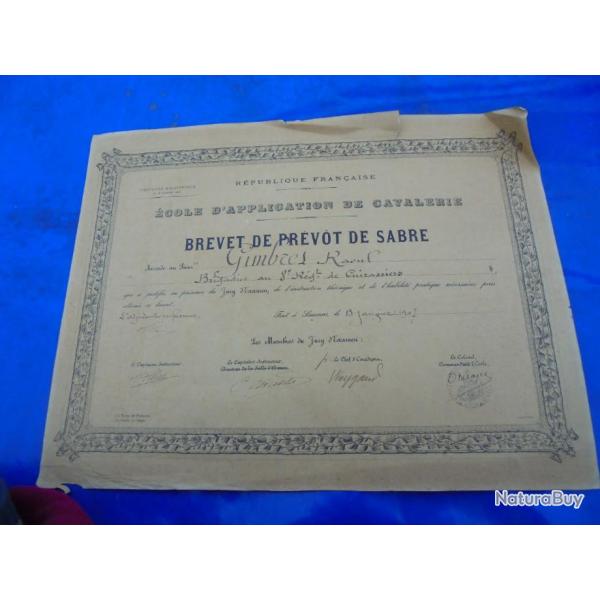 Brevet Pr�vot de Sabre R. Gimbres 8� R�giment de Cuirassiers 1907 Escrime