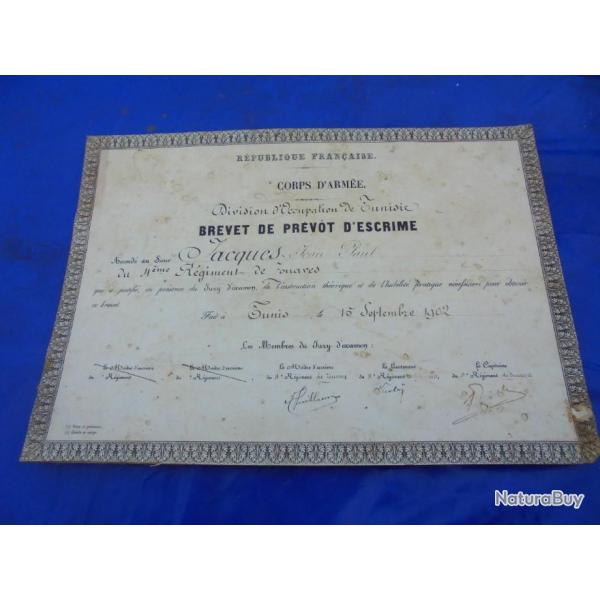 Brevet de Pr�v�t d'Escrime 4�me R�giment de Zouaves 1902 Tunis J P Jacques
