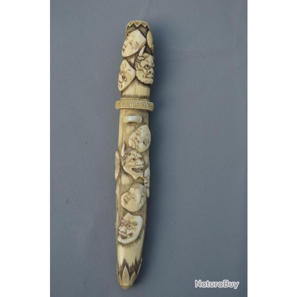 POIGNARD COUTEAU TANTO IVOIRE Sculpt de Masques de Thtre NO - Japon Ere Meiji Collection Trs bon