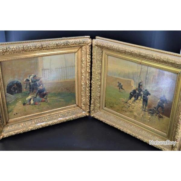 A.BALQUET PAIRE DE TABLEAUX PEINTURES HUILE SUR BOIS SCENES MILITAIRES 1914 1915 - FRANCE XX� Collec
