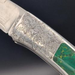 COUTEAU PLIANT D'ART UNIQUE par CHRISTIAN PENOT DAMAS - MALACHITE & GRAVURES - France XX&egrave; Collection