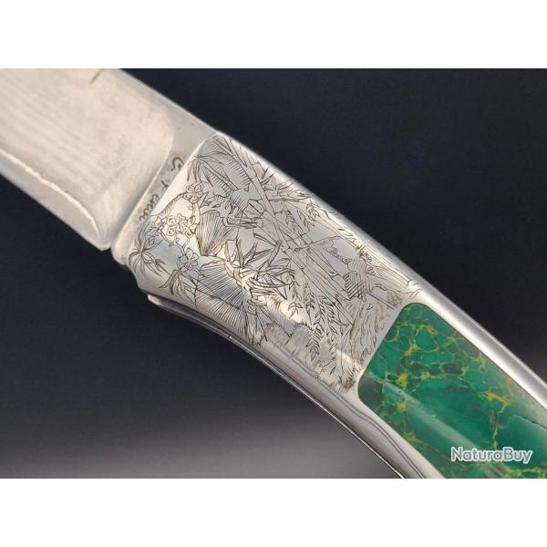 COUTEAU PLIANT D'ART UNIQUE par CHRISTIAN PENOT DAMAS - MALACHITE & GRAVURES - France XX� Collection