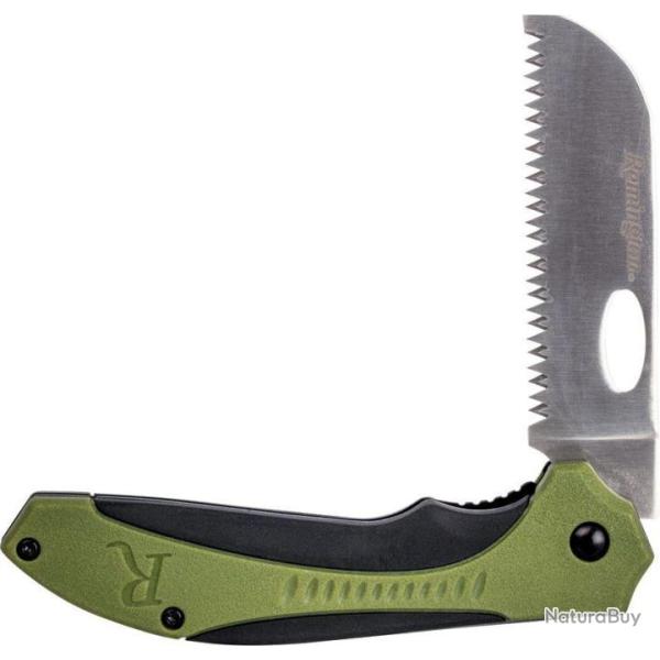 R15673 Couteau Remington Sportsman Saw Manche Black/Green Polymer Lame Acier Inox Linerlock Clip
