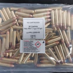 Cartouches PPU Calibre 30 CARBINE FMJ RN 110grs - sachet 100 UNITES