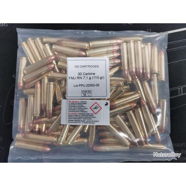 Cartouches PPU Calibre 30 CARBINE FMJ RN 110grs - VRAC 100 UNITES