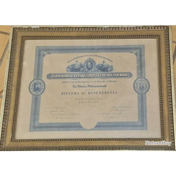 REGIS DARNE CADRE DIPLOME PRIX DU MERITE A L'EXPOSITION INTERNATIONALE DE MILAN EN1906