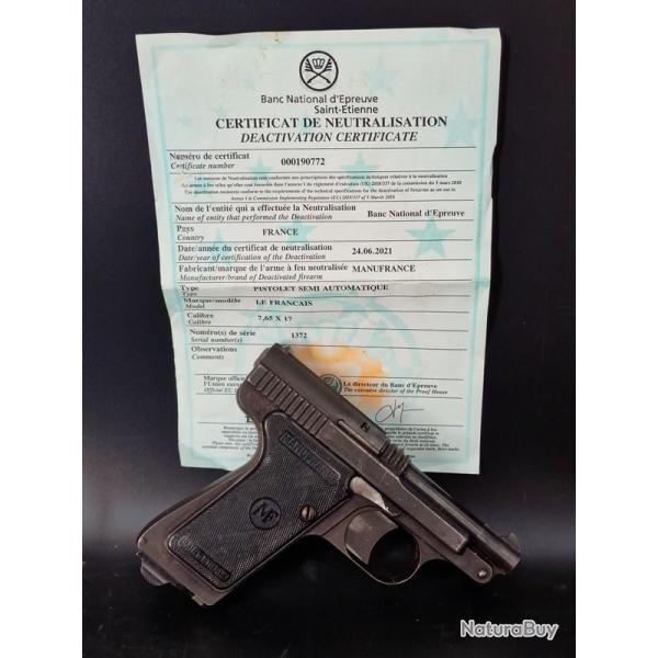 PISTOLET LE FRANCAIS 7.65 par MANUFRANCE Neutralis� Nouvelles Normes EU - France XX� France Tr�s bon
