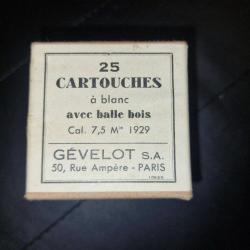 BOITE 25 CARTOUCHES A BLANC BALLE BOIS ETUIS LAITON CALIBRE MAS 7,5 X 54 GEVELOT PARIS Bon France Ca