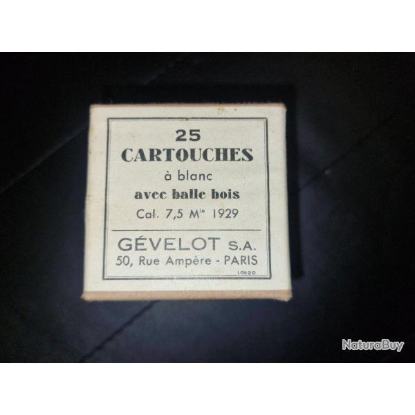 BOITE 25 CARTOUCHES A BLANC BALLE BOIS ETUIS LAITON CALIBRE MAS 7,5 X 54 GEVELOT PARIS Bon  France C
