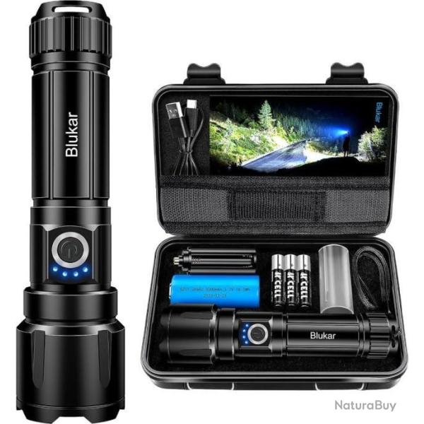 Lampe Torche LED 20000 Lumen 5 Modes �clairage �tanche IP67 Batterie 5000mAh Zoomable  A+++ Noir