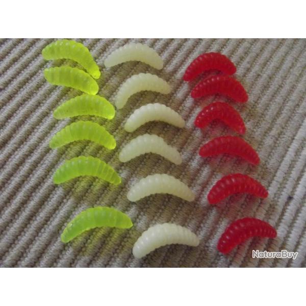 A SAISIR - Lot de 18 asticots 20mm plastique - 6 blanc, 6 rouge et 6 jaune fluo NEUFS