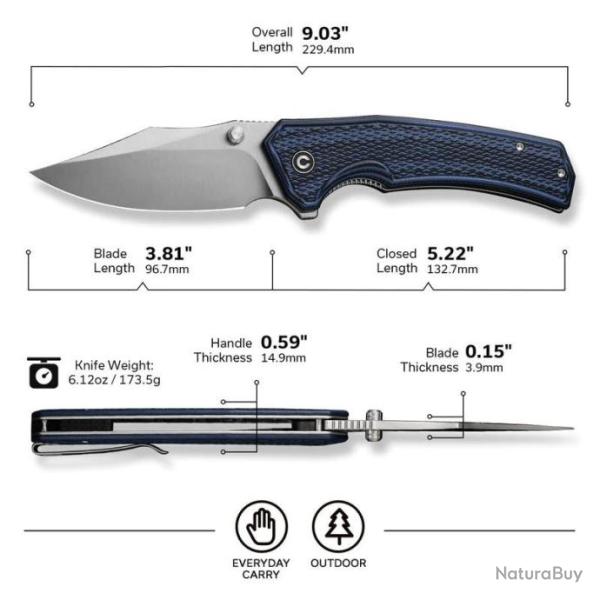 Couteau CIVIVI Vexillum Blue/Black Manche G10 Lame Acier Nitro-V Satin Clip Point IKBS CIVC23003D3