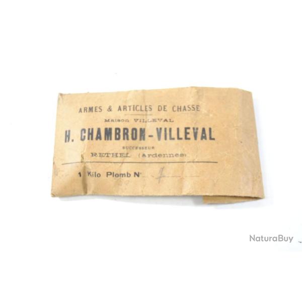 Ancien sachet vide plombs de chasse maison VILLEVAL H. Chambron Villeval Rethel Ardennes. Chasse