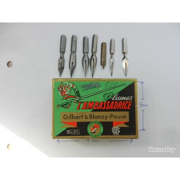 7 plumes � encre et 1 bo�te l'Ambassadrice Gilbert & Blanzy-Poure