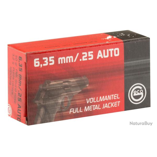 MUNITIONS GECO CAL. 6,35 BROWNING FULL METAL JACKET 3,2G ( 25 ACP ) 20 boites ( 1000 munitions )