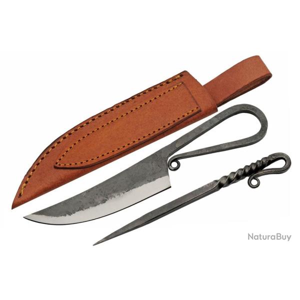 Set de Couverts Medieval Feast Picker Set Couteau Carbone Forg� + Pic Brochette Etui Cuir PA4449