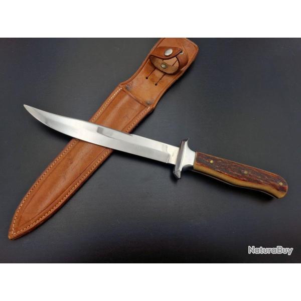 COUTEAU DE CHASSE DROIT ET FIXE LAME INOX MANCHE BOIS DE CERF Collection France Tr�s bon XX�