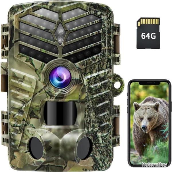 Cam�ra de Chasse WiFi 2.7K/48MP Full HD + Carte SD 64GB 940nm No Glow Infrarouge �tanche IP66 120�